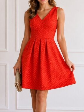 En Focus Studio Orange Textured Fit & Flare Dress Size 8 V-Neck Sleeveless